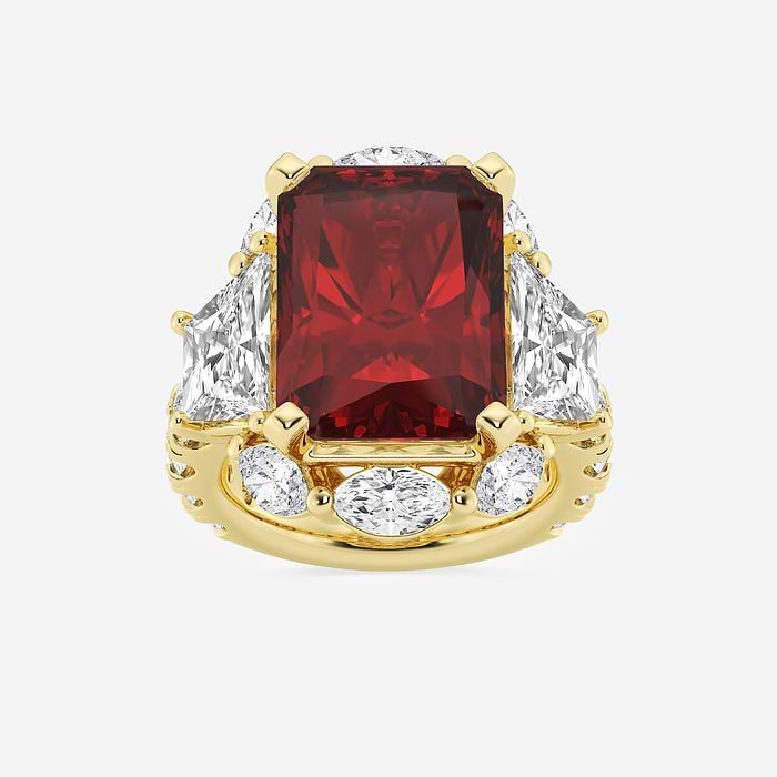 16.0x11.25 mm Radiant Cut Created Emerald and 6 ctw Trapezoid Lab Grown Diamond Engagement Ring with Side Accents 14K Yellow Gold, FG, VS2+