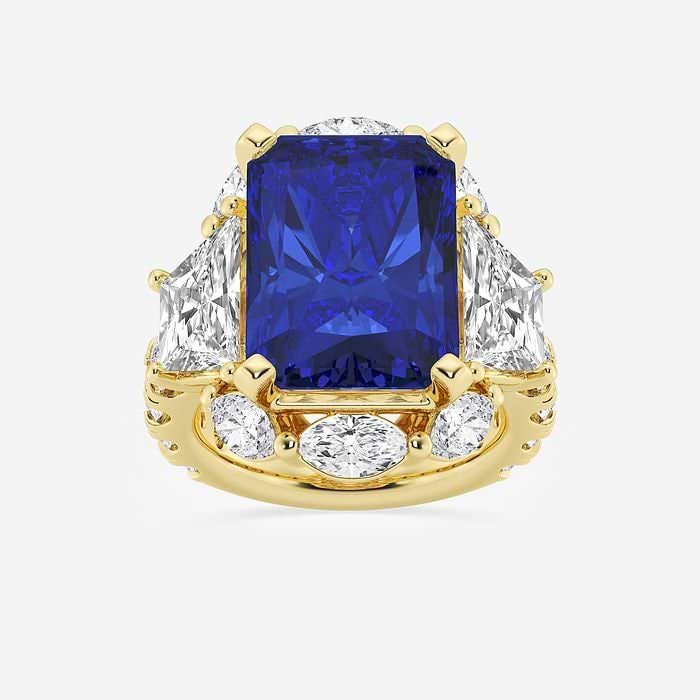 16.0x11.25 mm Radiant Cut Created Emerald and 6 ctw Trapezoid Lab Grown Diamond Engagement Ring with Side Accents 14K Yellow Gold, FG, VS2+