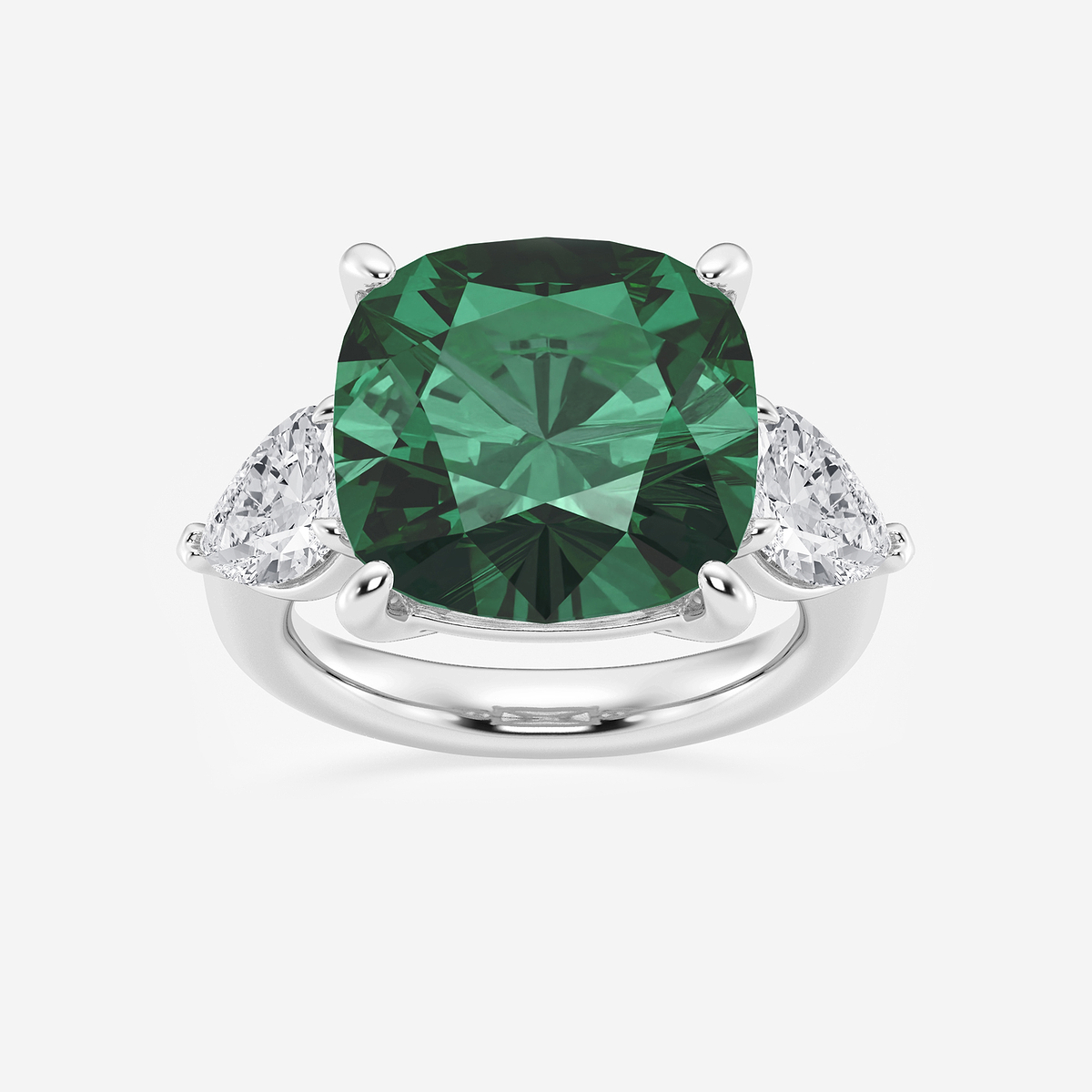 14 1/2 ctw Cushion Cut Emerald and Pear Lab Grown Diamond Three Stone Engagement Ring