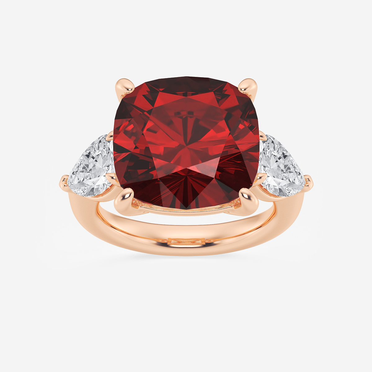 14 1/2 ctw Cushion Cut Ruby and Pear Lab Grown Diamond Three Stone Engagement Ring