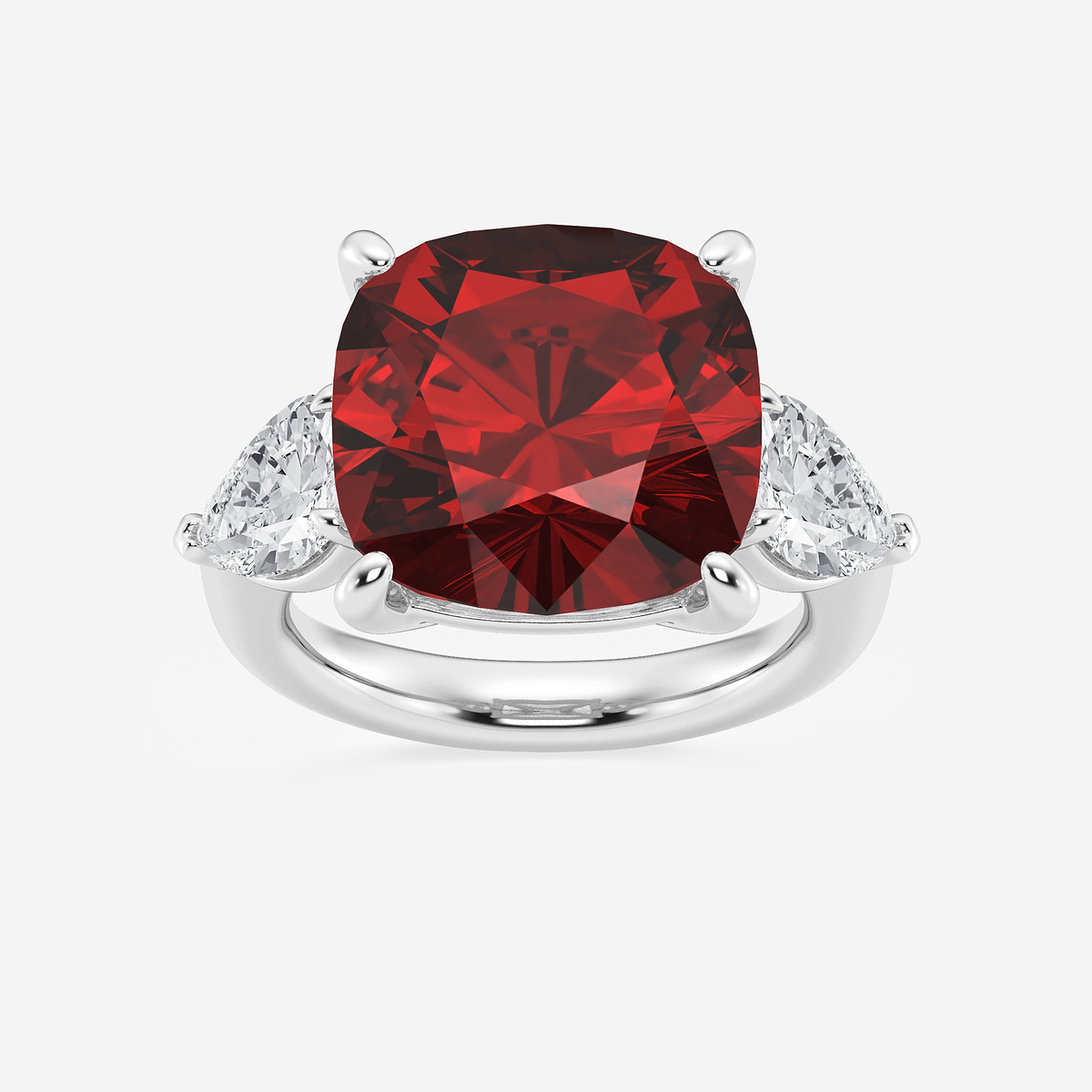 14 1/2 ctw Cushion Cut Ruby and Pear Lab Grown Diamond Three Stone Engagement Ring