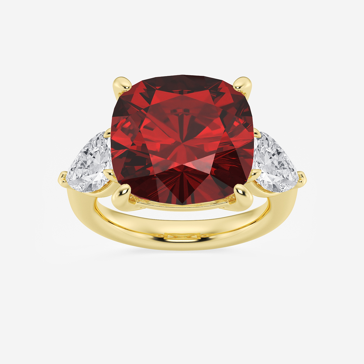 13 mm Cushion Cut Ruby and 2 ctw Pear Lab Grown Diamond Three Stone Engagement Ring