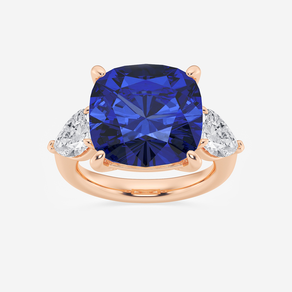 14 1/2 ctw Cushion Cut Sapphire and Pear Lab Grown Diamond Three Stone Engagement Ring