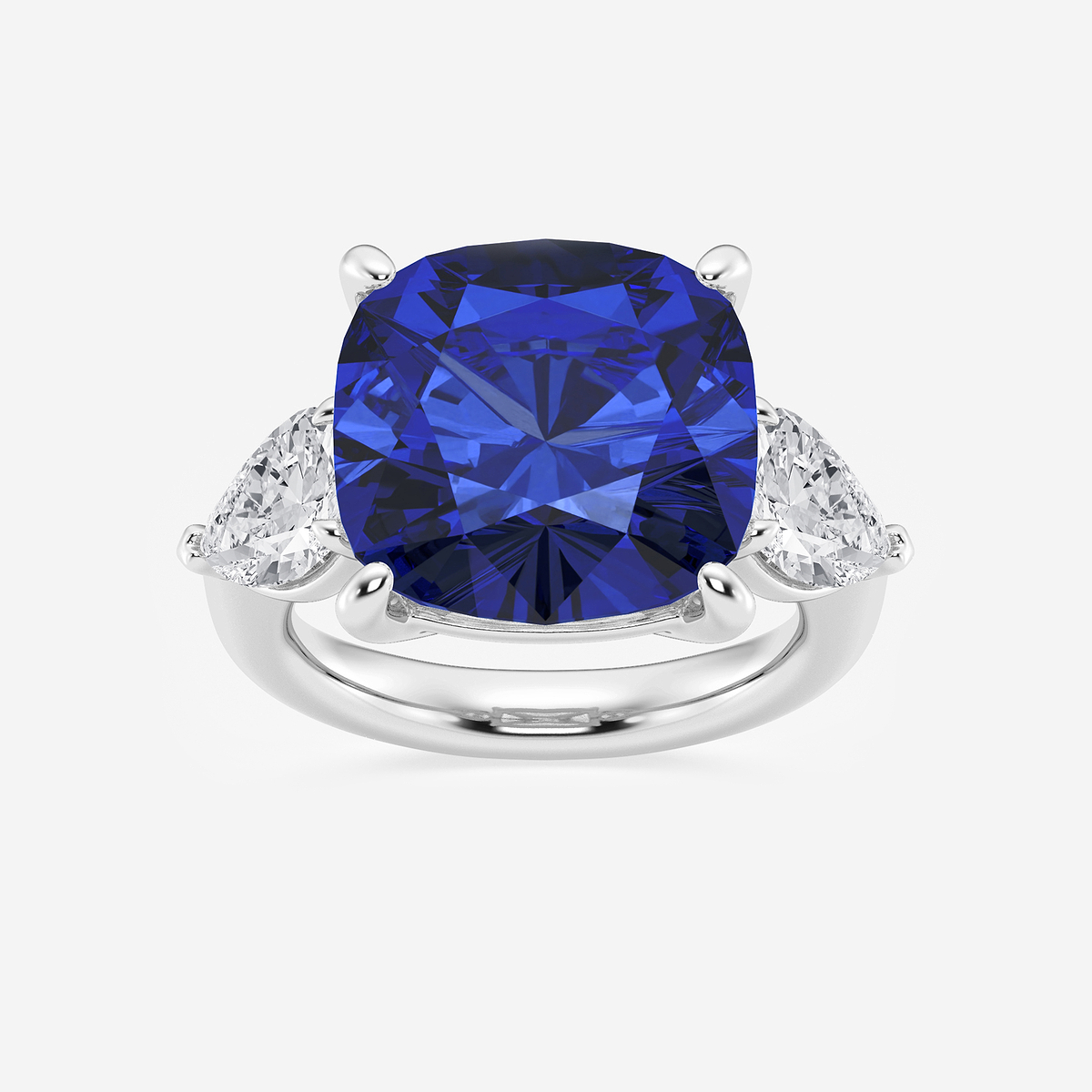 14 1/2 ctw Cushion Cut Sapphire and Pear Lab Grown Diamond Three Stone Engagement Ring