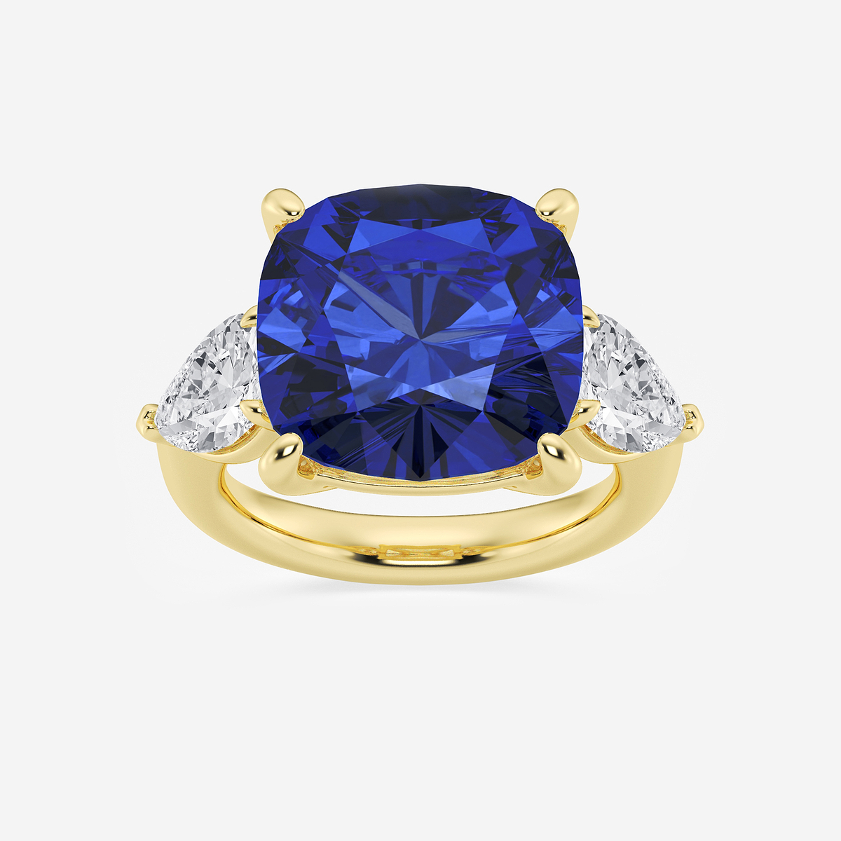 14 1/2 ctw Cushion Cut Sapphire and Pear Lab Grown Diamond Three Stone Engagement Ring