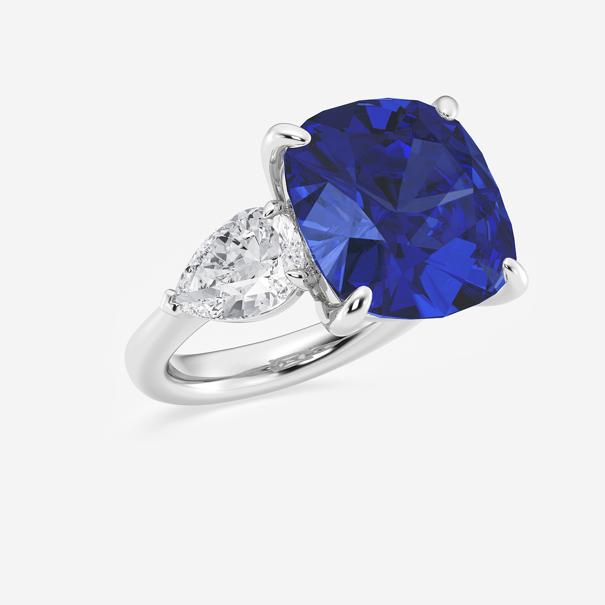14 1/2 ctw Cushion Cut Sapphire and Pear Lab Grown Diamond Three Stone Engagement Ring Platinum