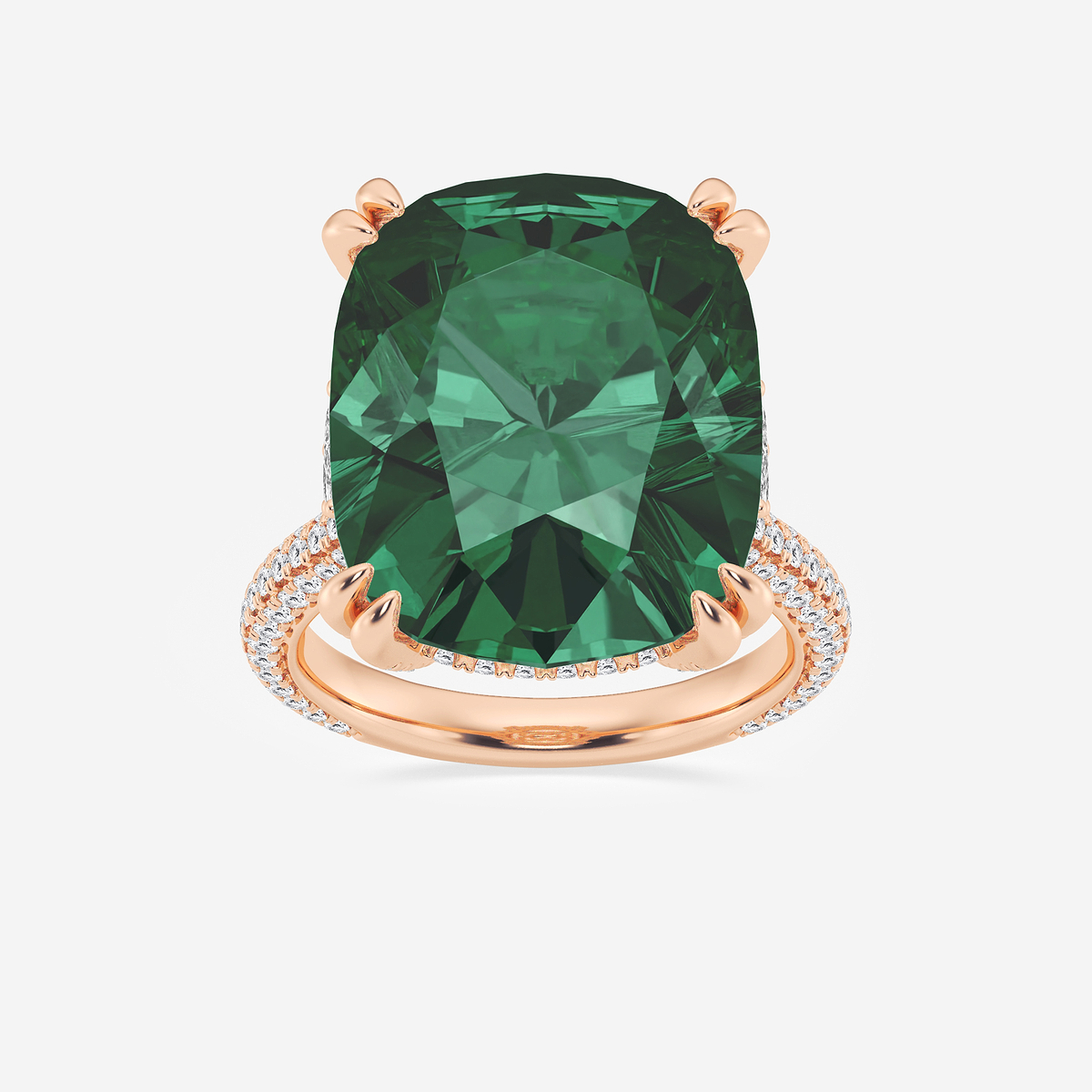 18x14 mm Elongated Cushion Cut Emerald and 1 1/2 ctw Lab Grown Diamond Hidden Halo Engagement Ring with Half Moon Sides