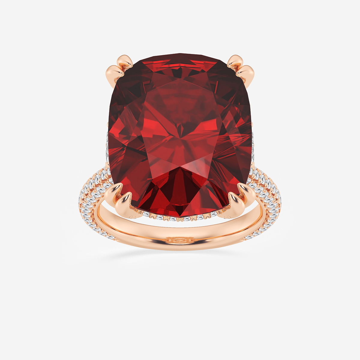 18.0x14.5mm Elongated Cushion Cut Created Ruby and 1 1/2 ctw Round Lab Grown Diamond Hidden Halo Engagement Ring with Half Moon Sides 14K Rose Gold