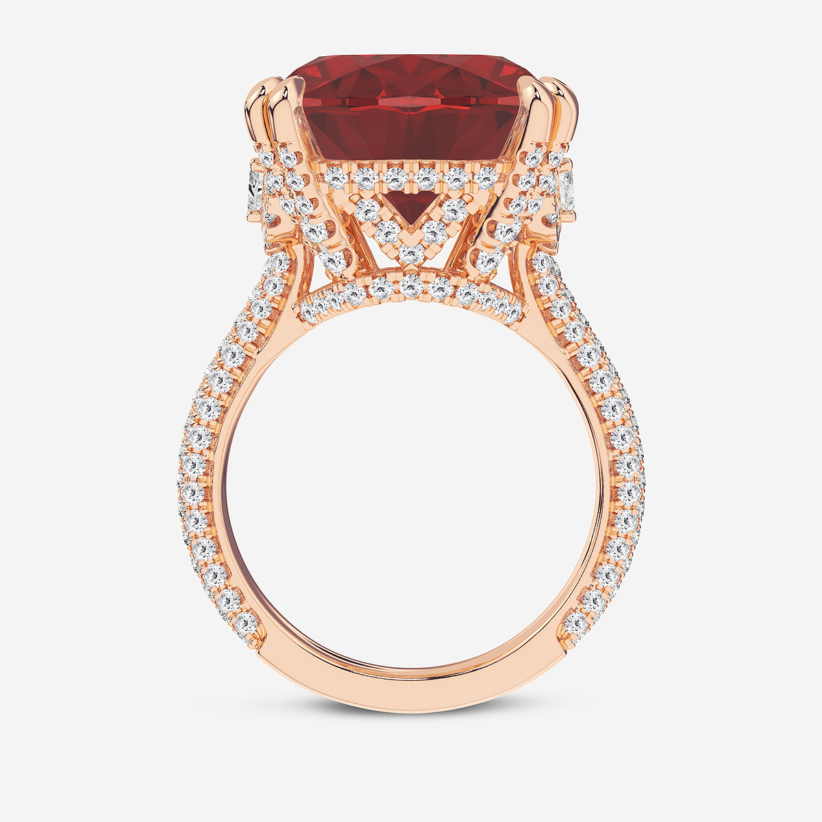 18.0x14.5mm Elongated Cushion Cut Created Ruby and 1 1/2 ctw Round Lab Grown Diamond Hidden Halo Engagement Ring with Half Moon Sides 14K Rose Gold