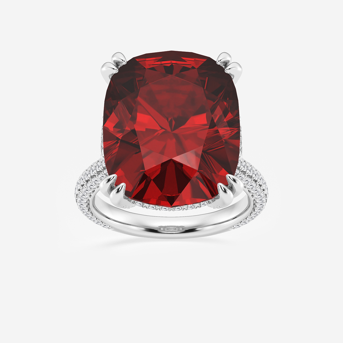 16 1/2 ctw Elongated Cushion Cut Ruby and Round Lab Grown Diamond Hidden Halo Engagement Ring with Half Moon Sides