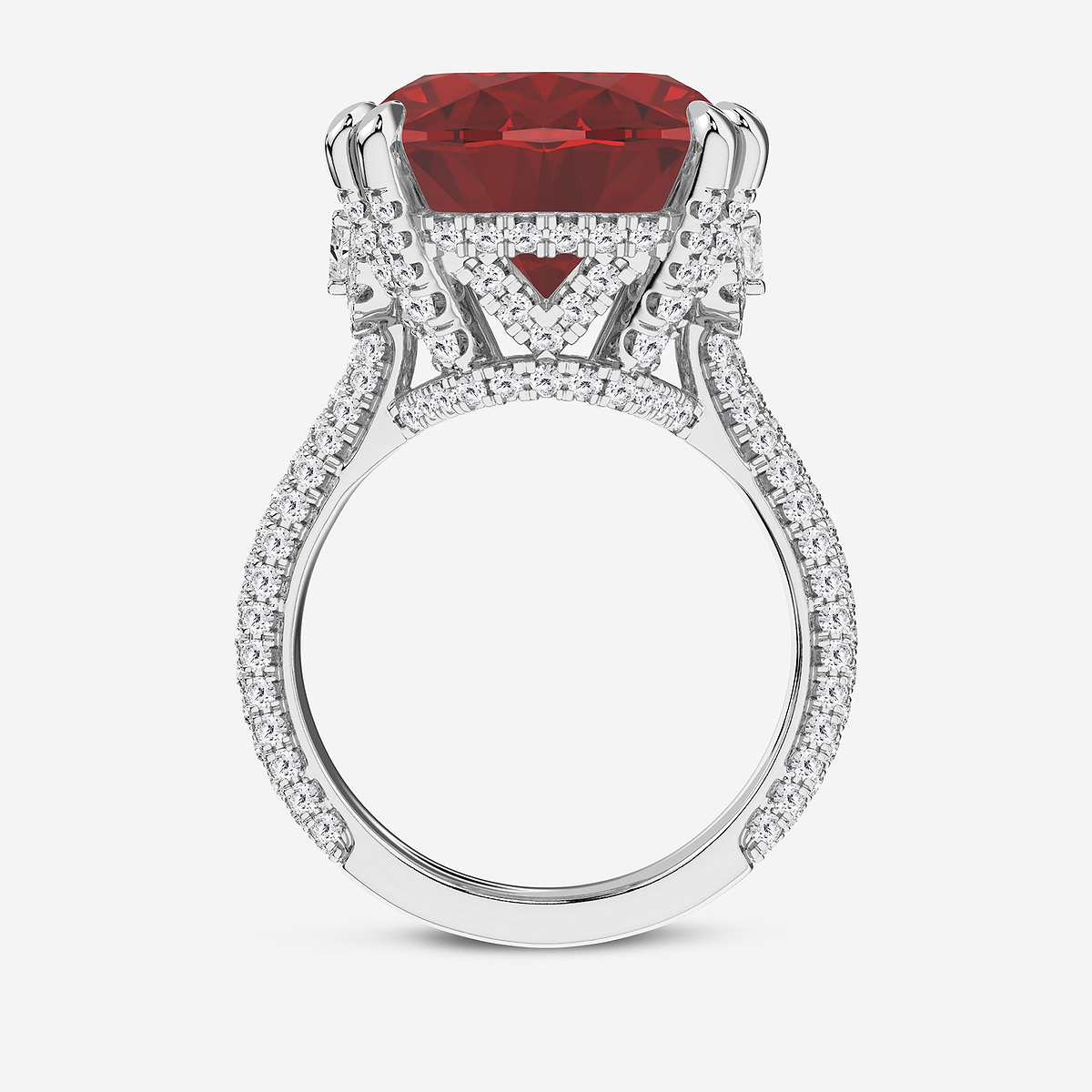 Additional Image 1 for  16 1/2 ctw Elongated Cushion Cut Ruby and Round Lab Grown Diamond Hidden Halo Engagement Ring with Half Moon Sides