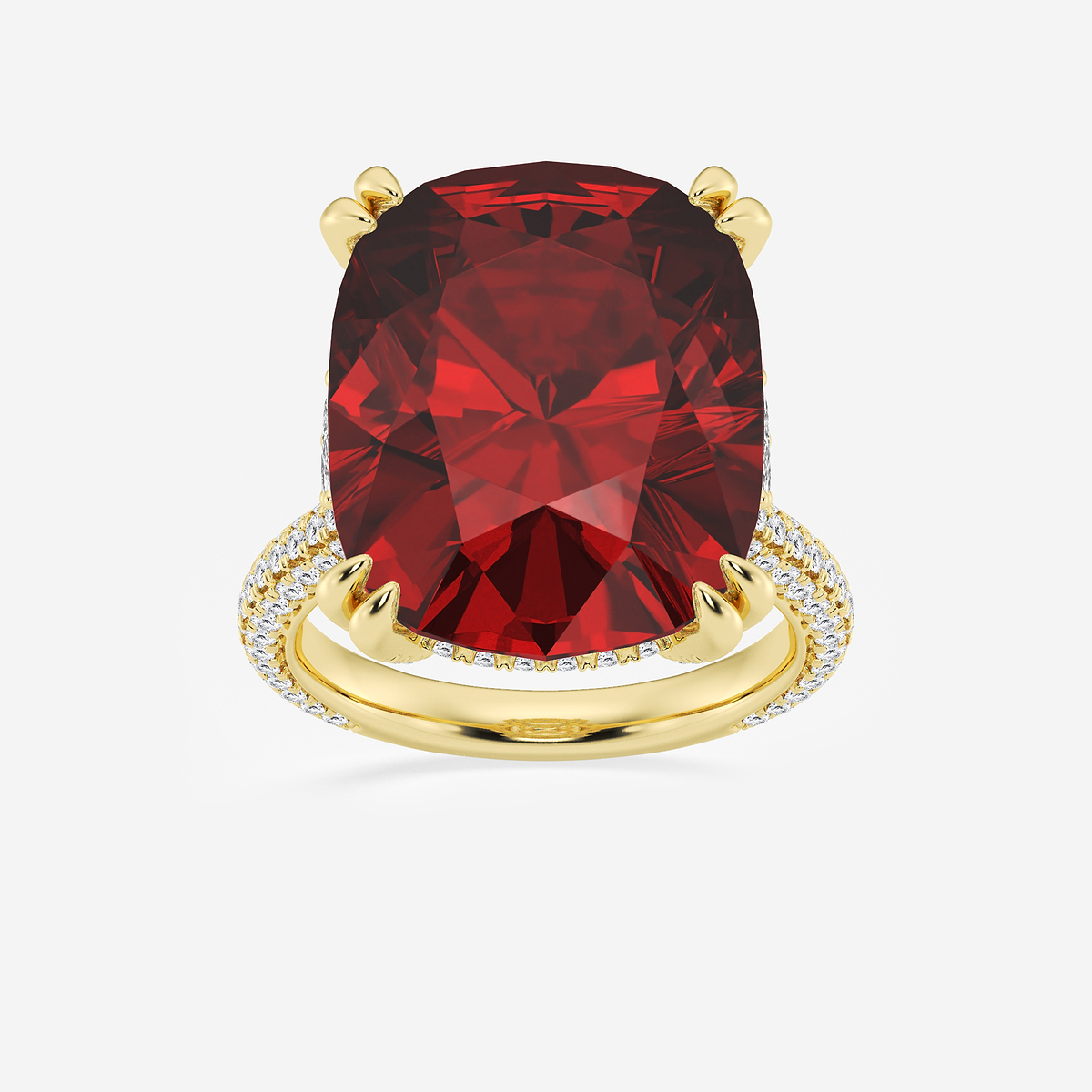 16 1/2 ctw Elongated Cushion Cut Ruby and Round Lab Grown Diamond Hidden Halo Engagement Ring with Half Moon Sides 14K Yellow Gold