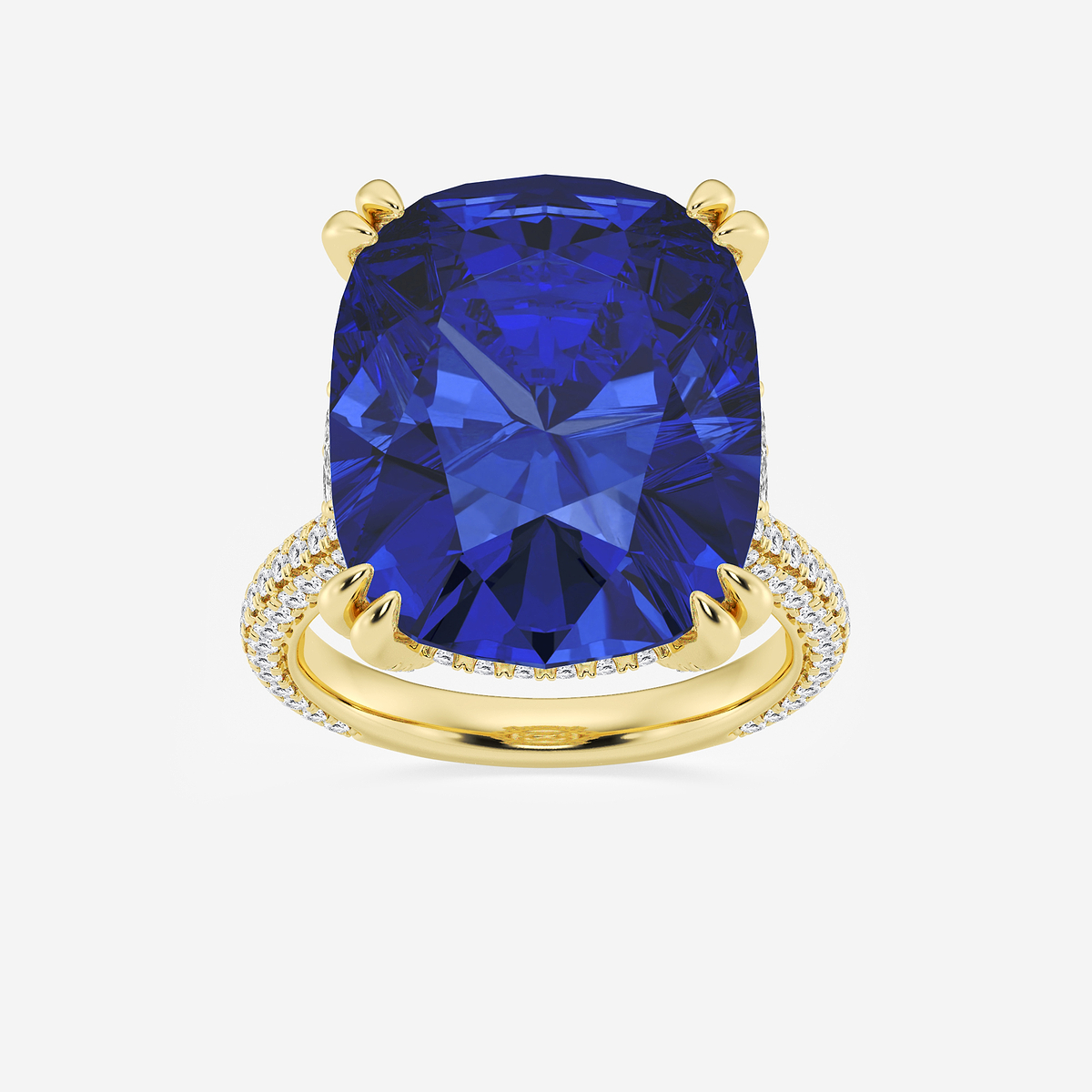 18x14 mm Elongated Cushion Cut Sapphire and 1 1/2 ctw Lab Grown Diamond Hidden Halo Engagement Ring with Half Moon Sides