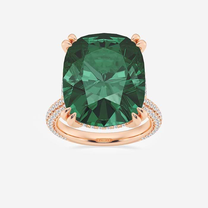 18.0x14.5mm Elongated Cushion Cut Created Emerald and 1 1/2 ctw Round Lab Grown Diamond Hidden Halo Engagement Ring with Half Moon Sides