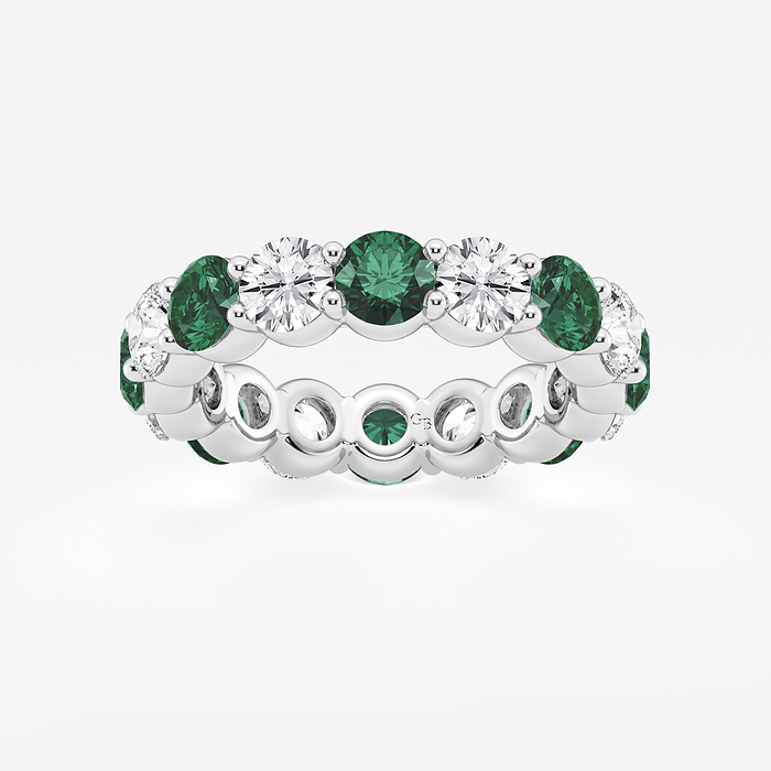 Indira Band - 4.3 mm Round Cut Emerald and 2 2/3 ctw Round Lab Grown Diamond Eternity Band - 4.3mm Width