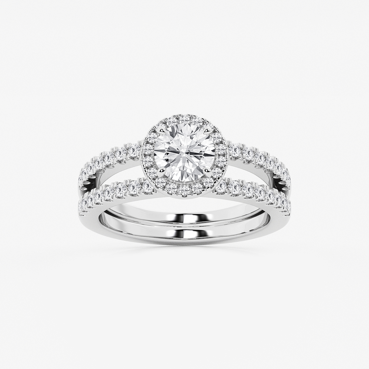 1 1/2 ctw Round Lab Grown Diamond Double Shank Halo Engagement Ring