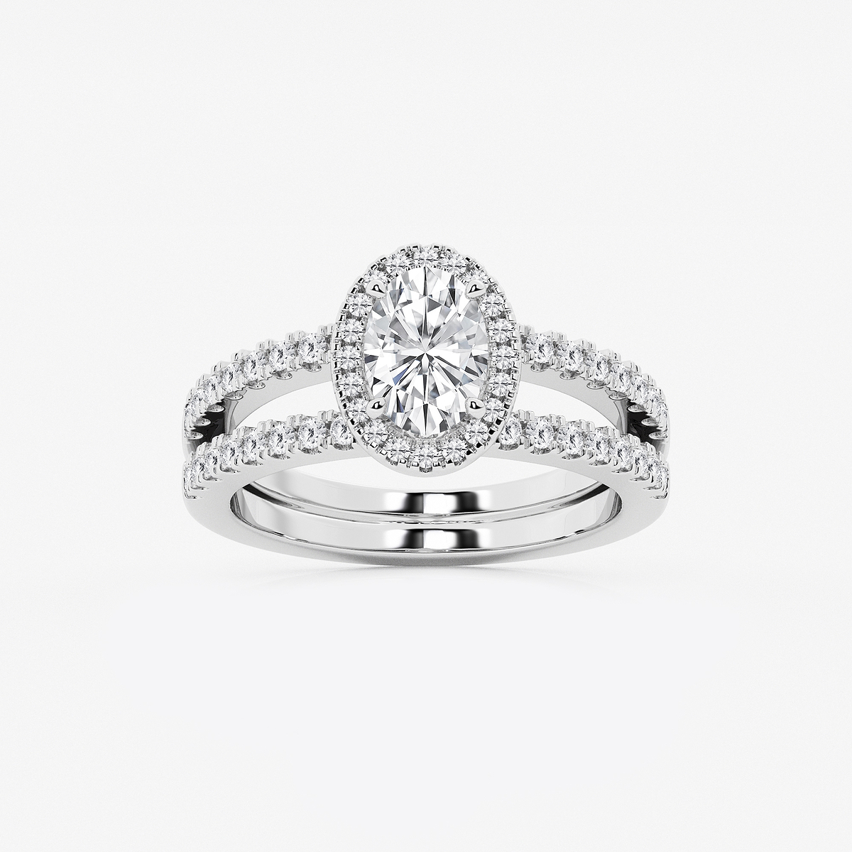 1 1/2 ctw Oval Lab Grown Diamond Double Shank Halo Engagement Ring