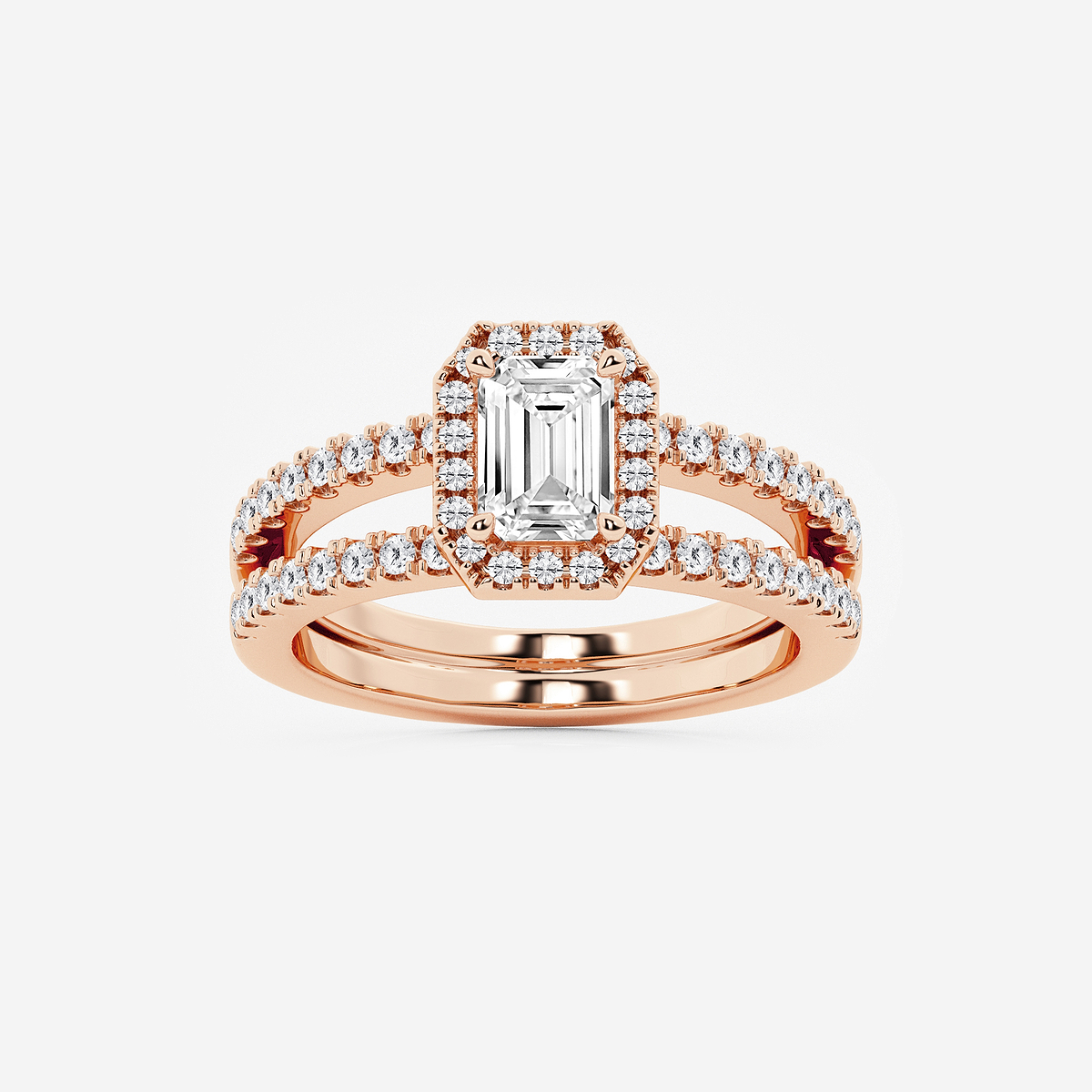 1 1/2 ctw Emerald Lab Grown Diamond Double Shank Halo Engagement Ring