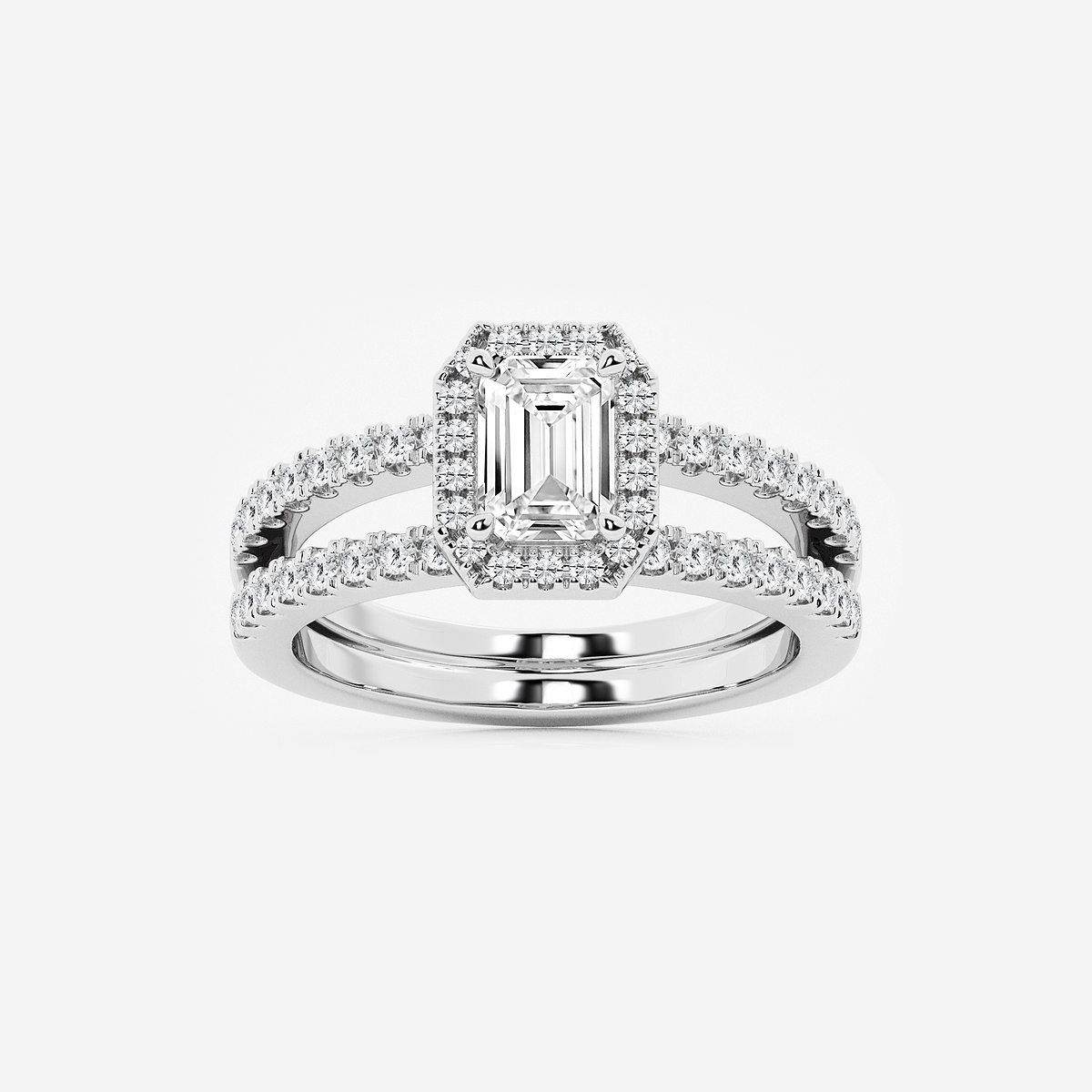 1 1/2 ctw Emerald Lab Grown Diamond Double Shank Halo Engagement Ring