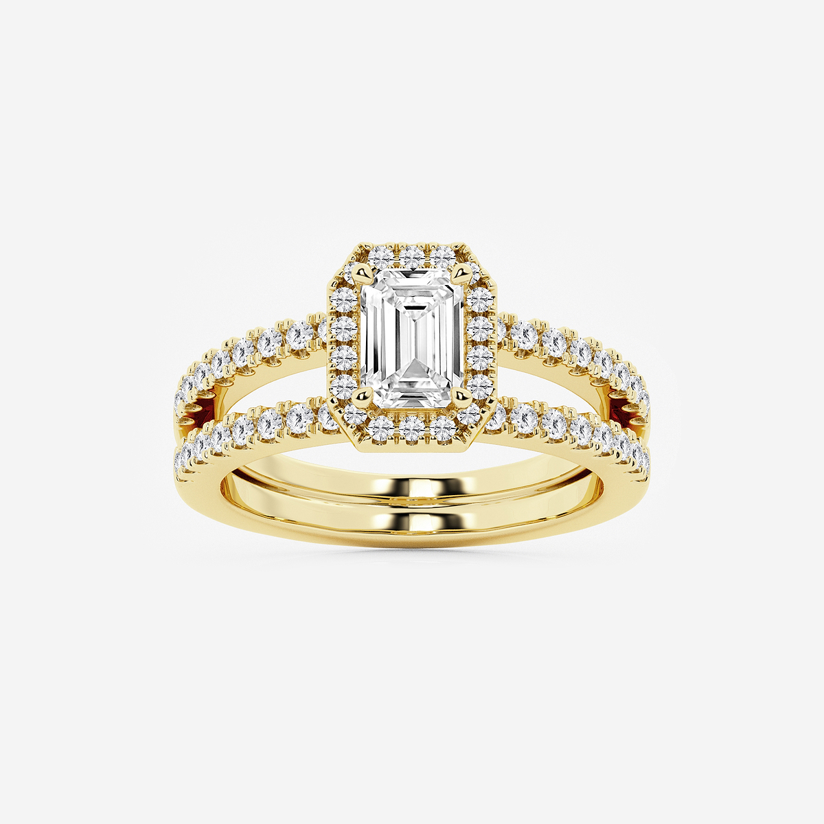 1 1/2 ctw Emerald Lab Grown Diamond Double Shank Halo Engagement Ring