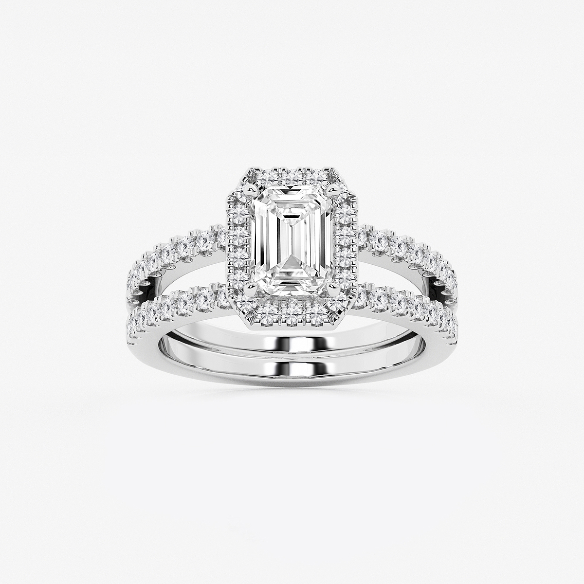 2 1/8 ctw Emerald Lab Grown Diamond Double Shank Halo Engagement Ring