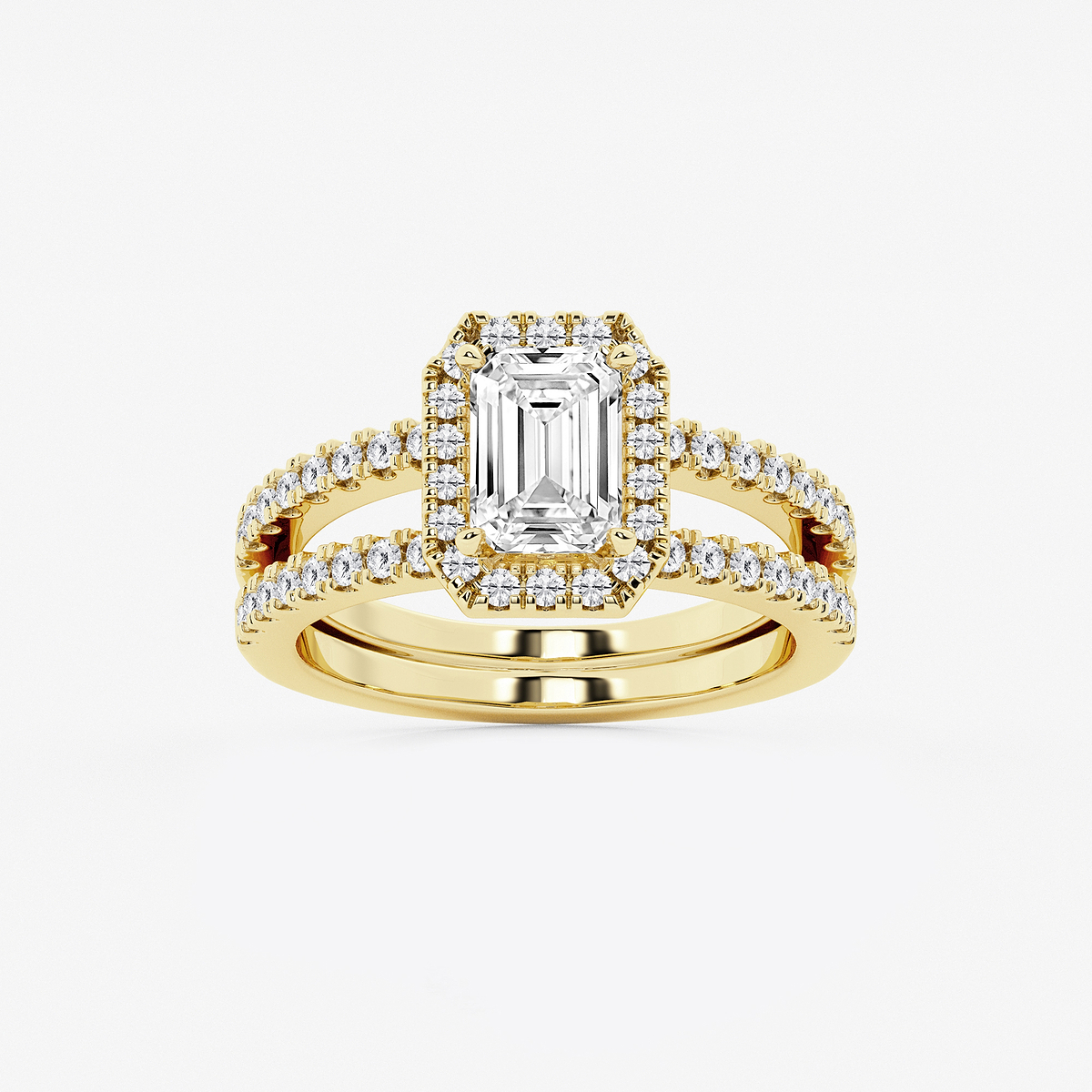 2 1/8 ctw Emerald Lab Grown Diamond Double Shank Halo Engagement Ring