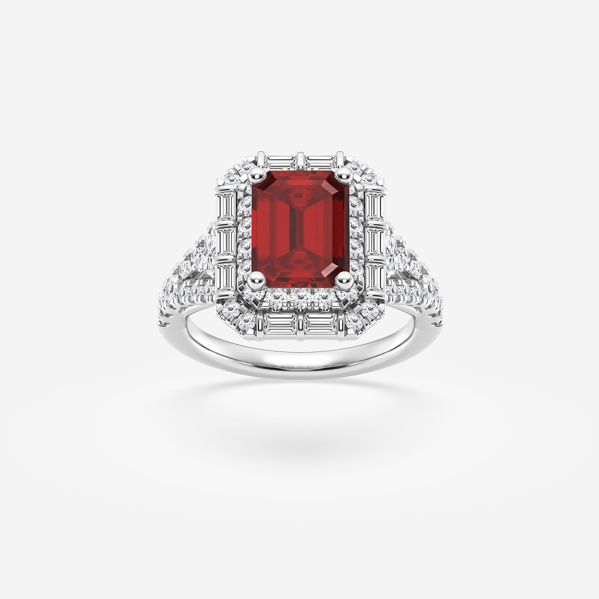 3 ctw Emerald Cut Ruby & Multi-Shape Side Stone Lab Grown Diamond Engagement Ring