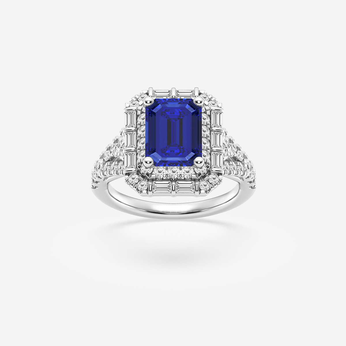 3 ctw Emerald Cut Sapphire & Multi-Shape Side Stone Lab Grown Diamond Engagement Ring