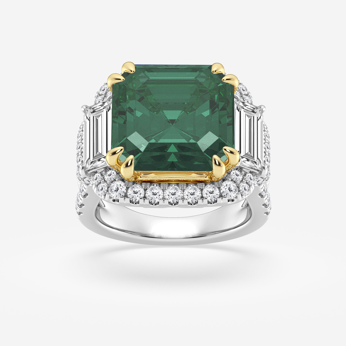 15 ctw Asscher Cut Emerald with Round and Baguette Lab Grown Diamond Engagement Ring