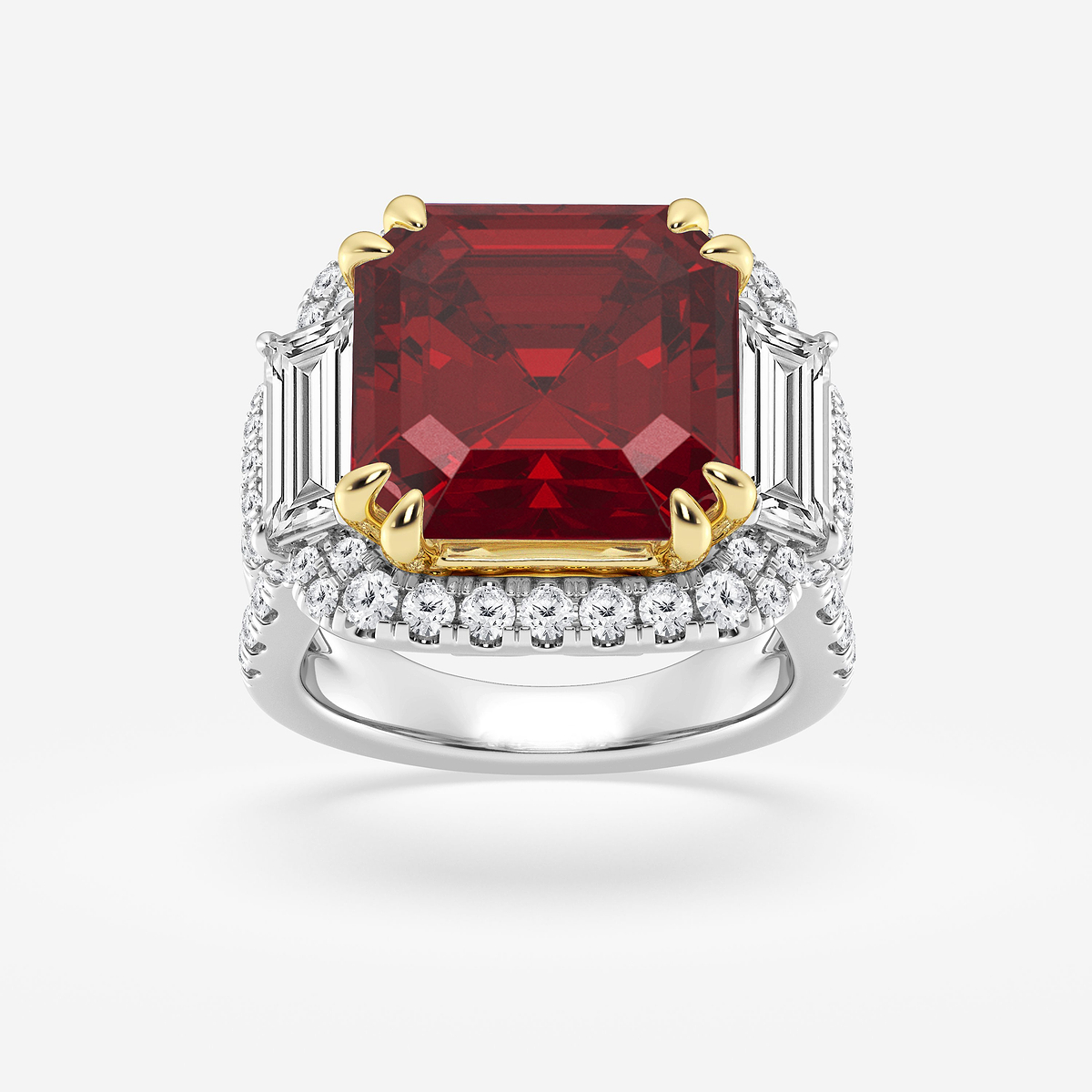 12.5 mm Asscher Cut Ruby with 2 1/2 ctw Round and Baguette Lab Grown Diamond Engagement Ring