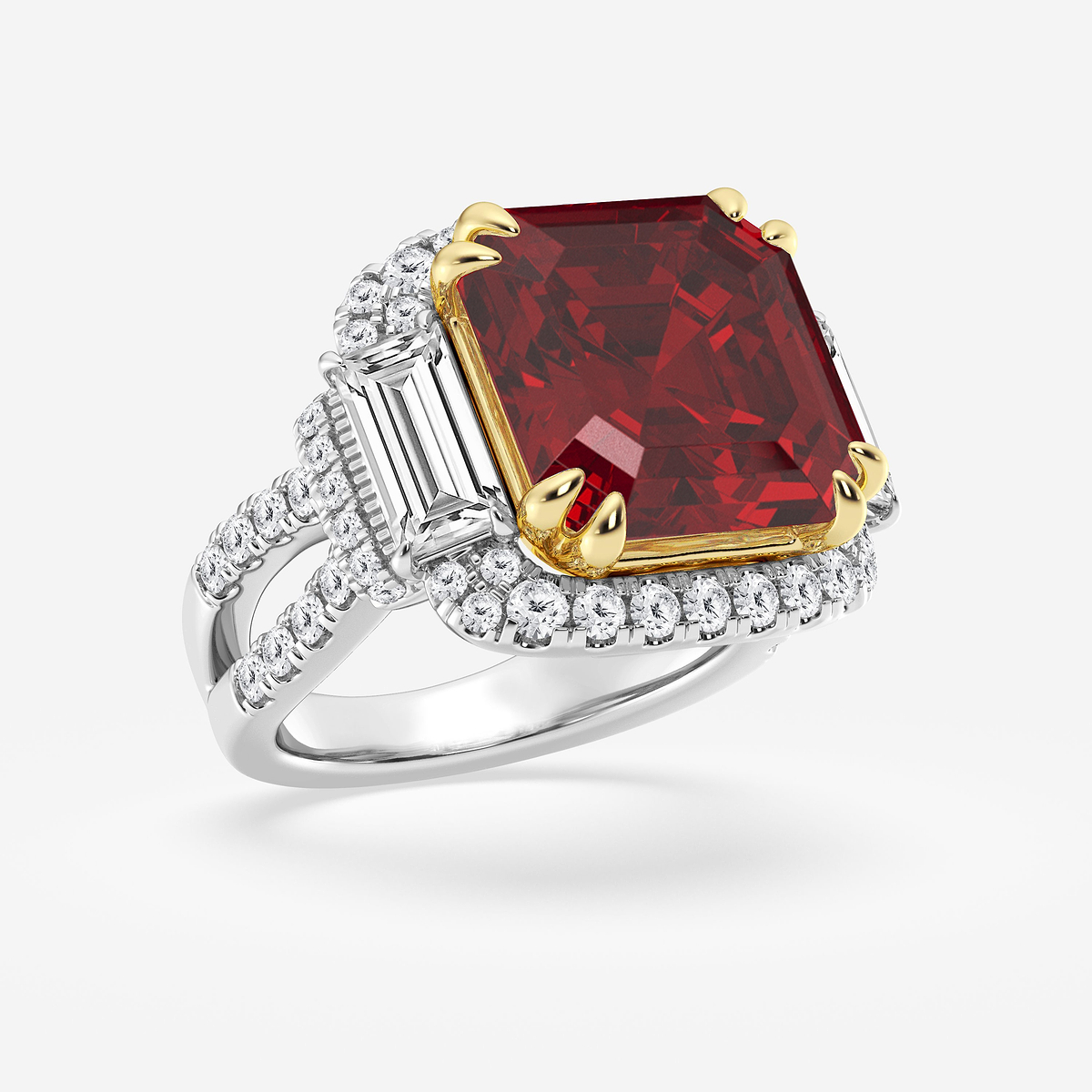 Additional Image 1 for  12.5 mm Asscher Cut Ruby with 2 1/2 ctw Round and Baguette Lab Grown Diamond Engagement Ring