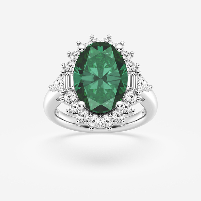 Trumpet Vine - 14x10 mm Oval Cut Emerald and 1 ctw Multi-Shape Lab Grown Diamond Engagement Ring