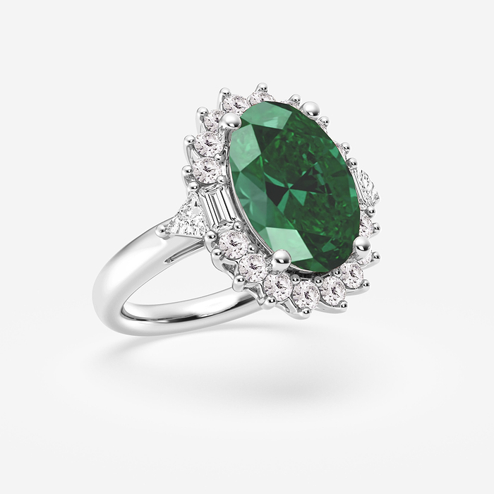 Trumpet Vine - 14x10 mm Oval Cut Emerald and 1 ctw Multi-Shape Lab Grown Diamond Engagement Ring