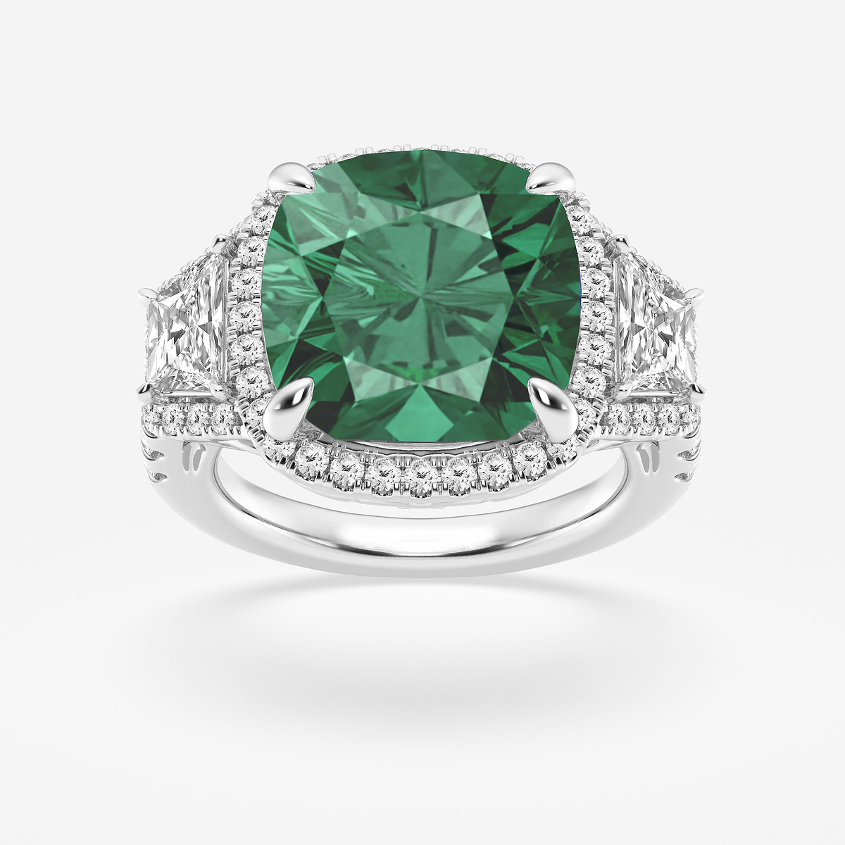 11 1/3 ctw Elongated Cushion Cut Emerald with Round & Trapezoid Lab Grown Diamond Engagement Ring