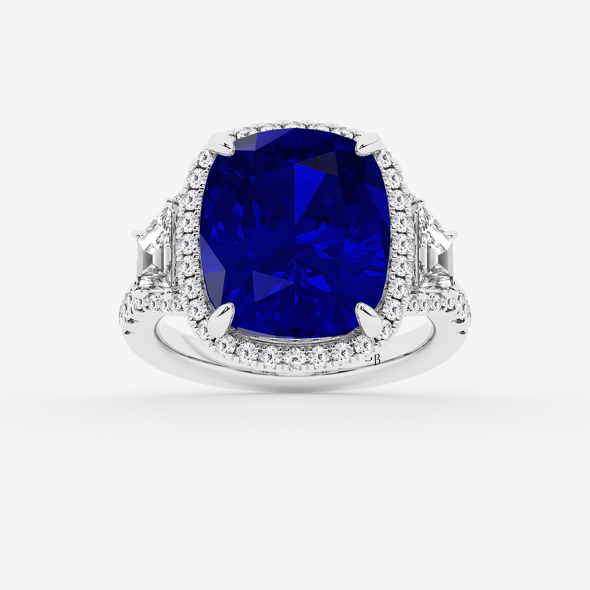 14x12 mm Elongated Cushion Cut Sapphire with 1 1/3 ctw Round & Trapezoid Lab Grown Diamond Engagement Ring