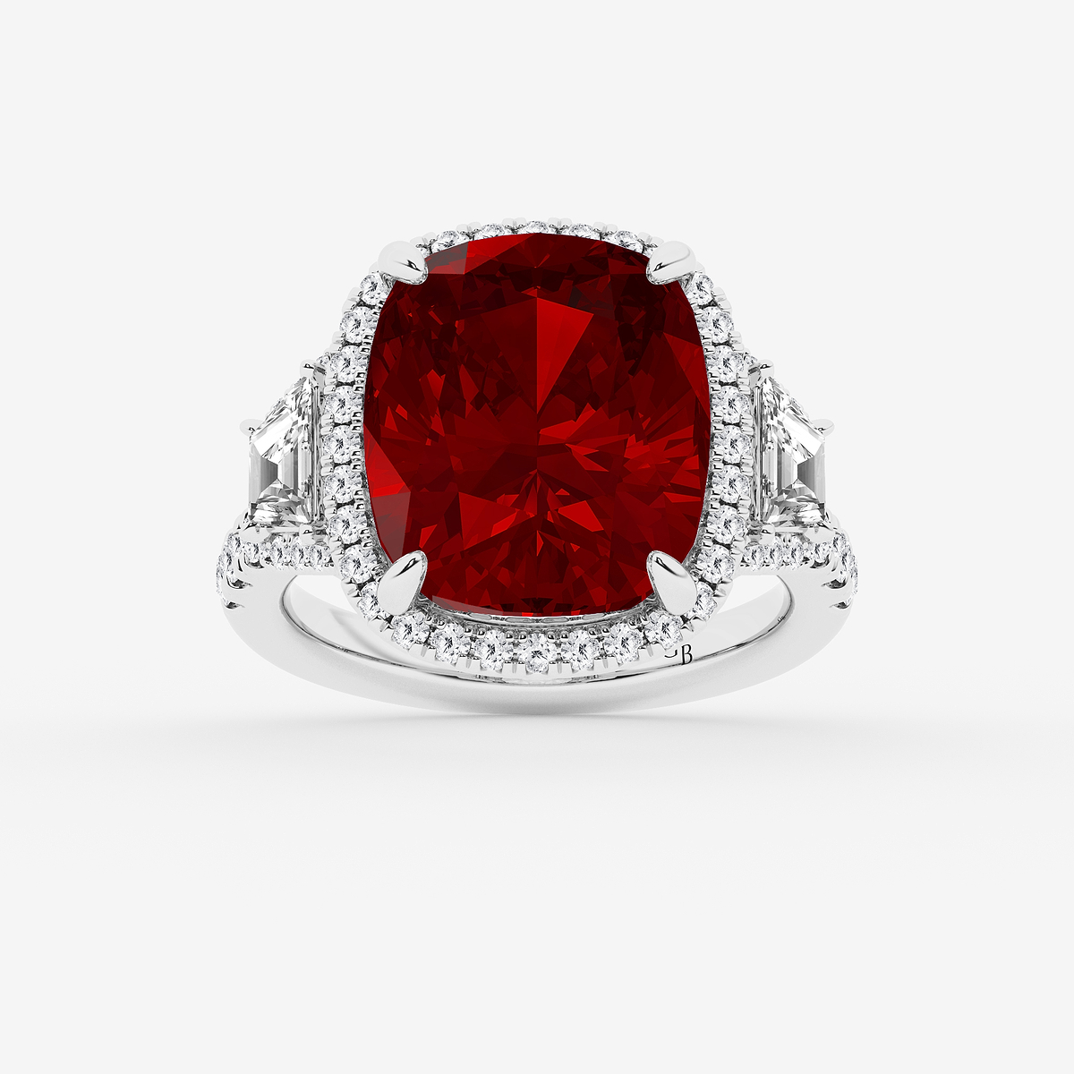 14x12 mm Elongated Cushion Cut Ruby with 1 1/3 ctw Round & Trapezoid Lab Grown Diamond Engagement Ring