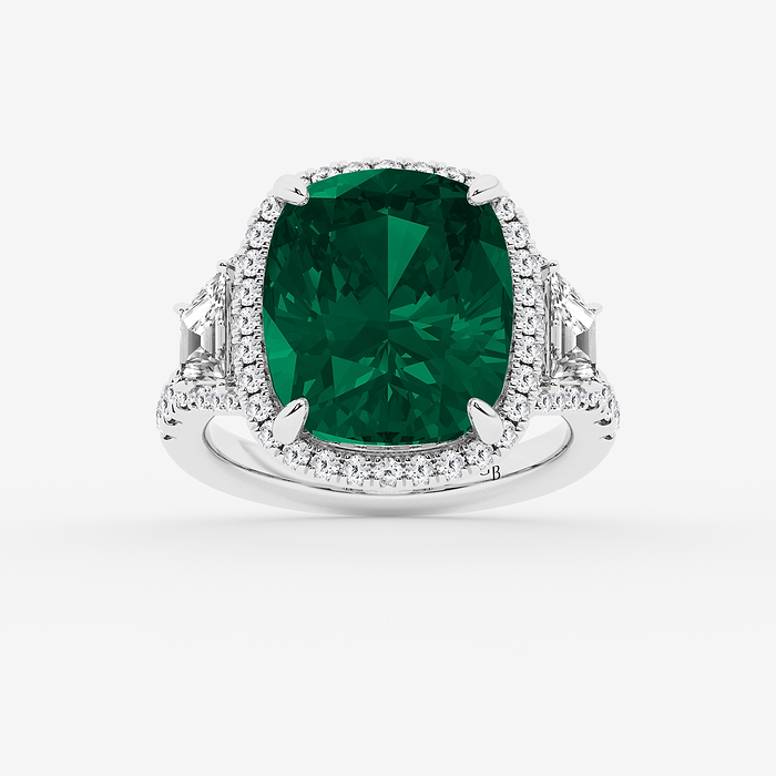 Jasmine - 14x12 mm Elongated Cushion Cut Emerald with 1 1/3 ctw Round &amp; Trapezoid Lab Grown Diamond Engagement Ring