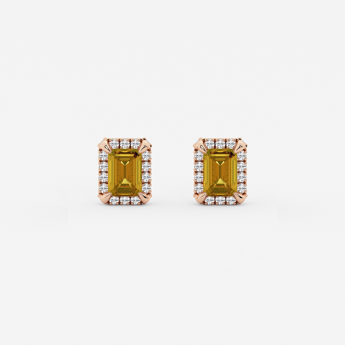 6x4 mm Emerald Cut Created Citrine and 1/4 ctw Round Lab Grown Diamond Shadow Halo Stud Earrings