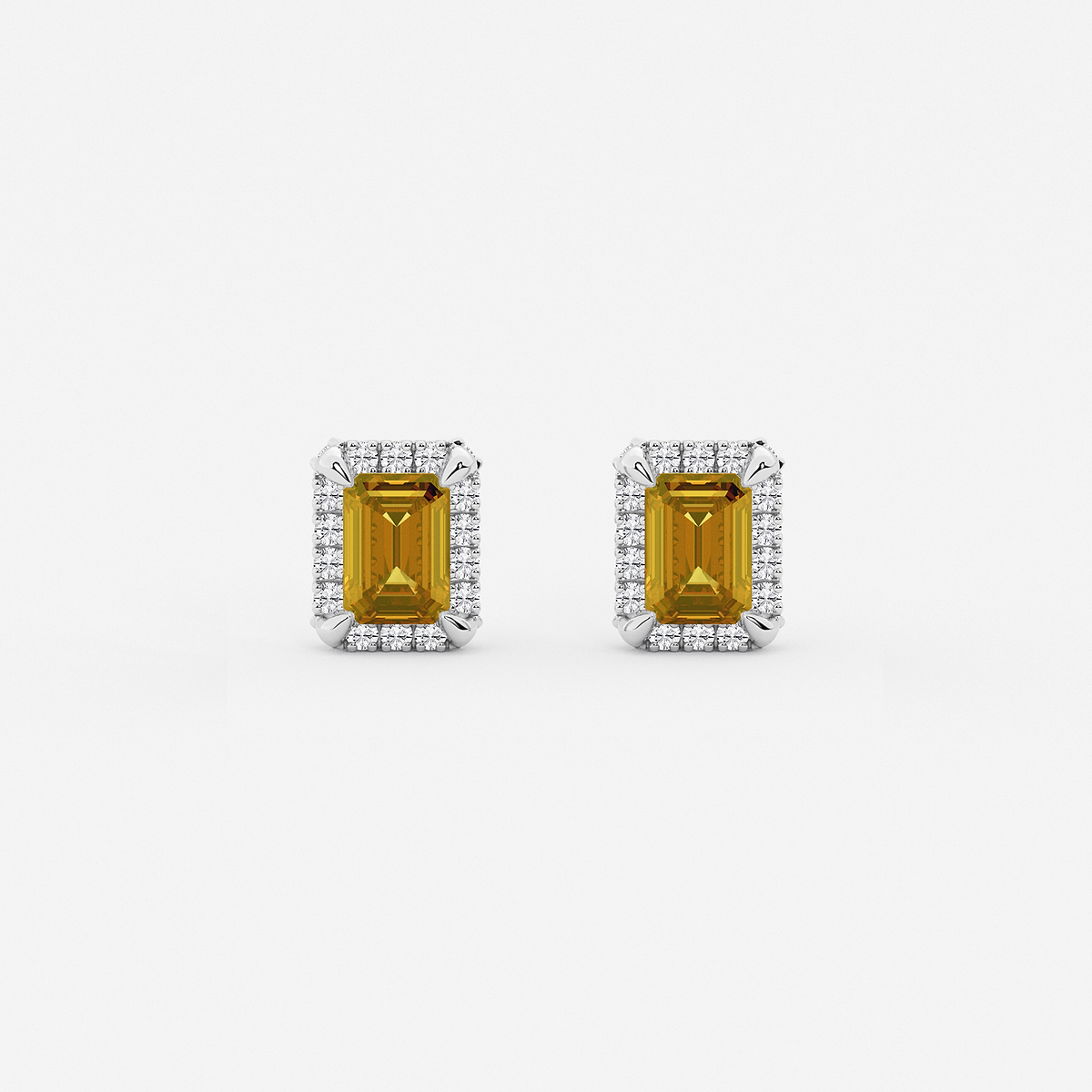 6x4 mm Emerald Cut Created Citrine and 1/4 ctw Round Lab Grown Diamond Shadow Halo Stud Earrings