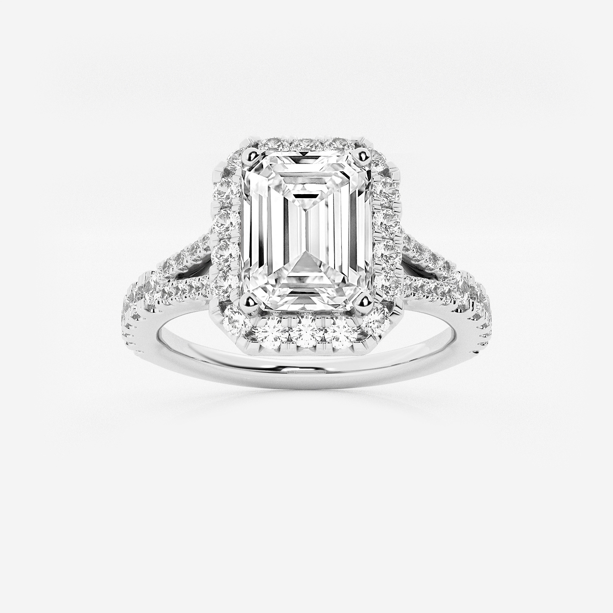2 ctw Emerald Lab Grown Diamond Split Shank Halo Engagement Ring 14K White Gold, F, VS2