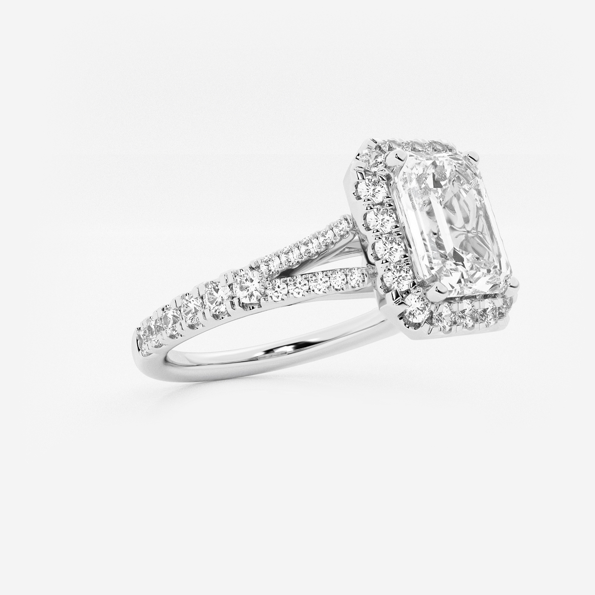 2 ctw Emerald Lab Grown Diamond Split Shank Halo Engagement Ring 14K White Gold, F, VS2