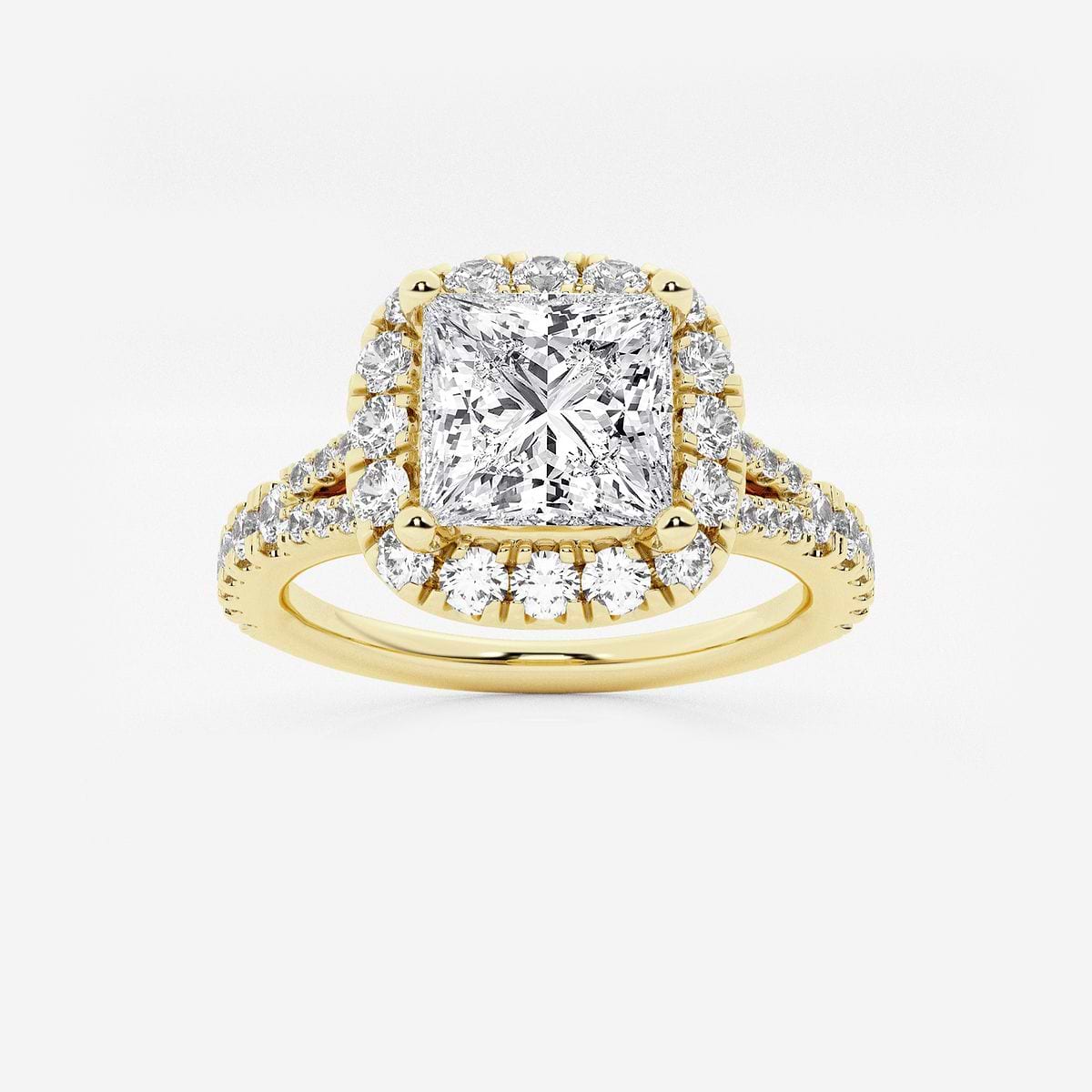2 ctw Princess Lab Grown Diamond Split Shank Halo Engagement Ring 14K Yellow Gold, E, VS1