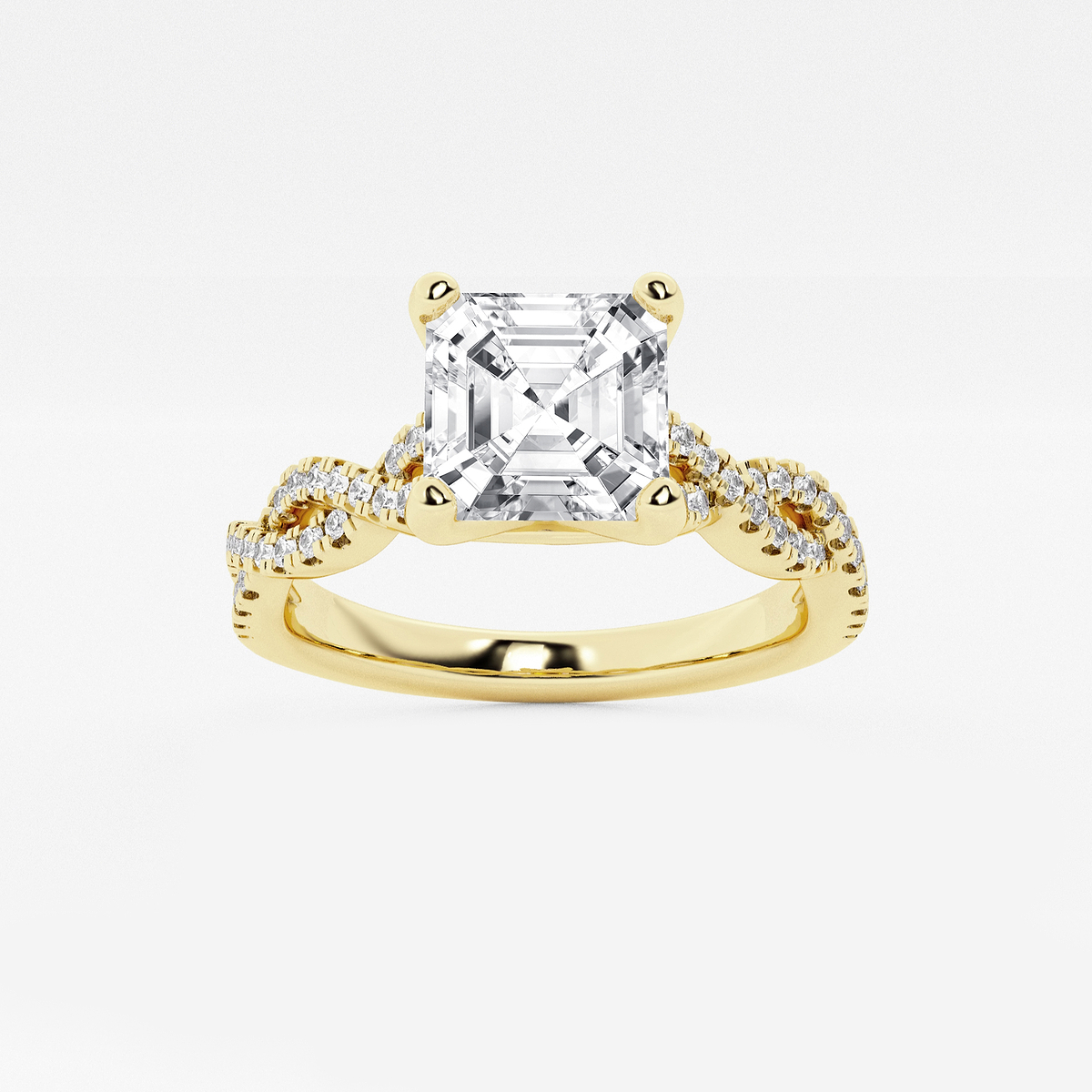 3 1/4 ctw Asscher Lab Grown Diamond Double Twist Engagement Ring 14K Yellow Gold, F, VS2