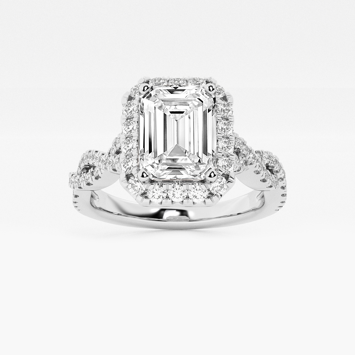2 1/2 ctw Emerald Lab Grown Diamond Double Twist Halo Engagement Ring