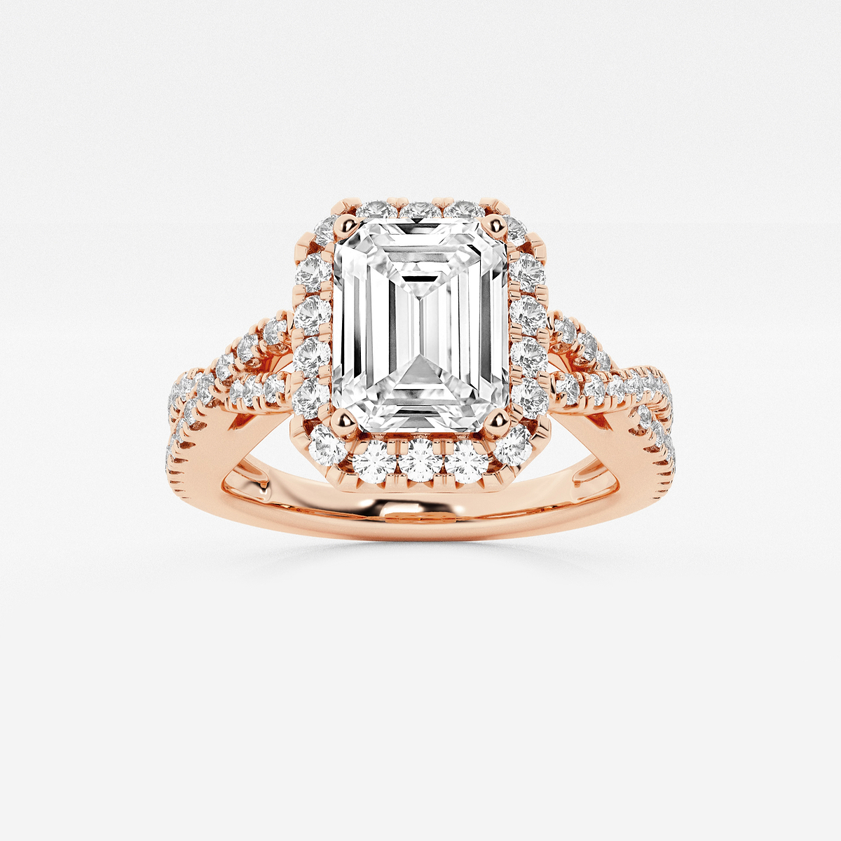 1 1/2 ctw Emerald Lab Grown Diamond Crossover Halo Engagement Ring