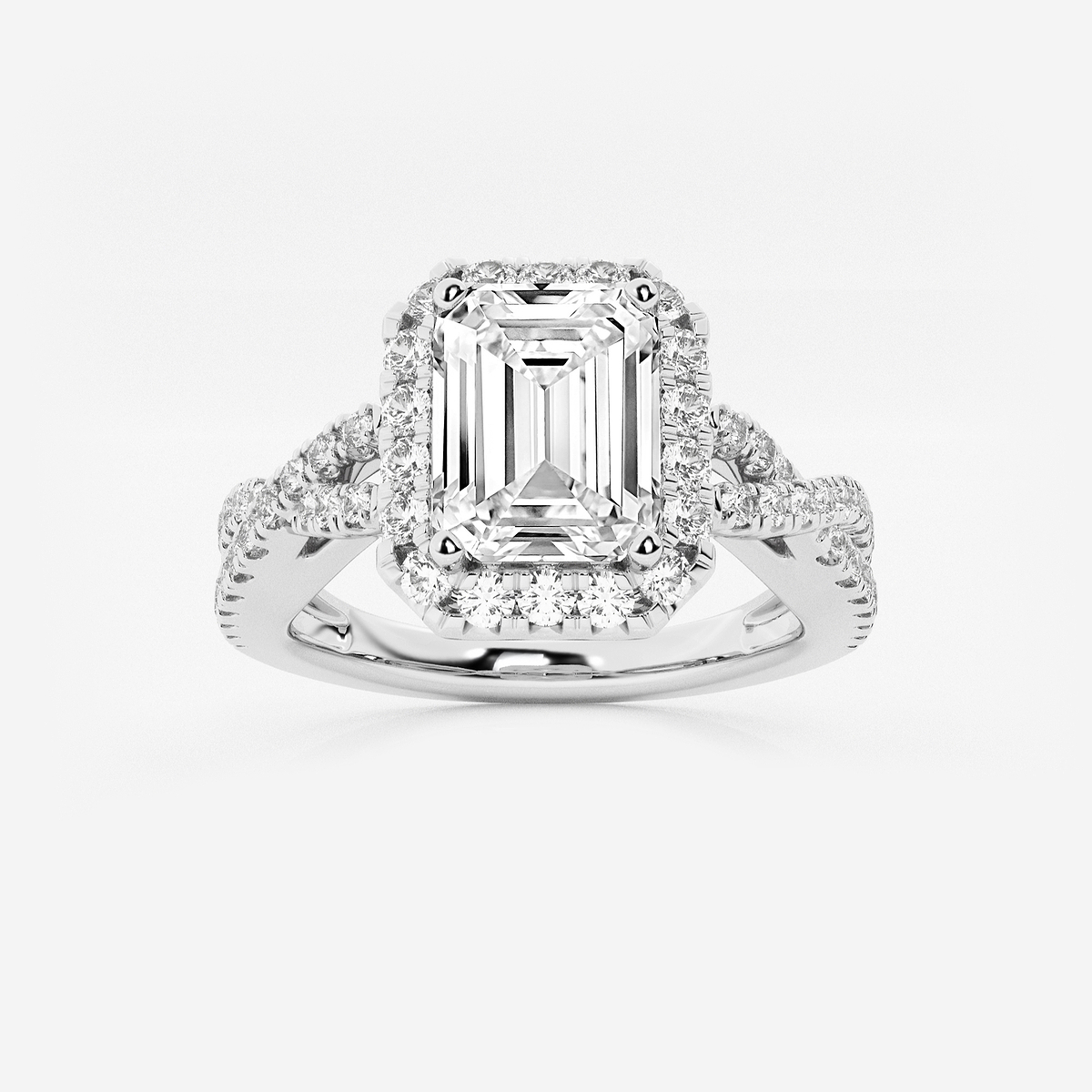 1 1/2 ctw Emerald Lab Grown Diamond Crossover Halo Engagement Ring
