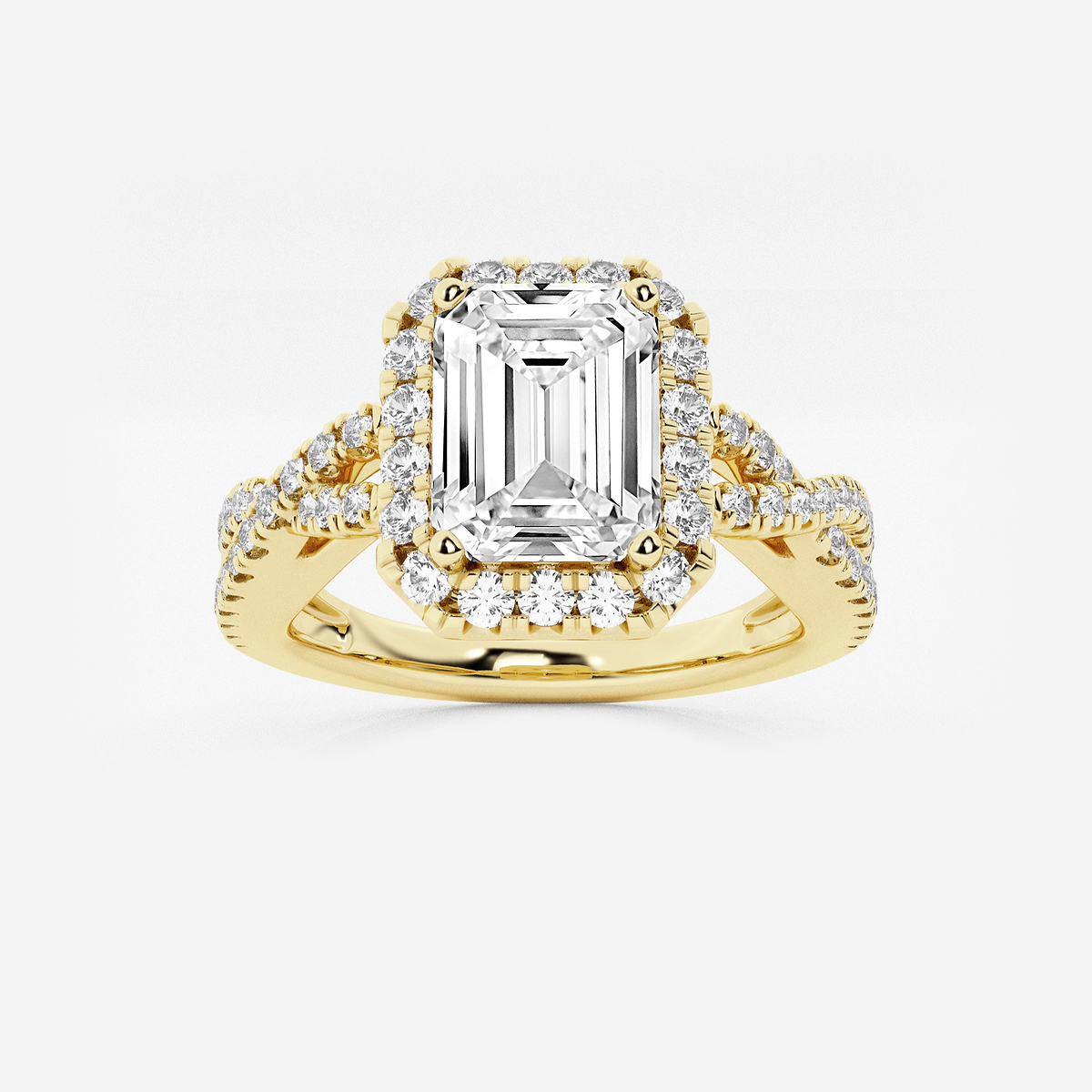 2 ctw Emerald Lab Grown Diamond Crossover Halo Engagement Ring