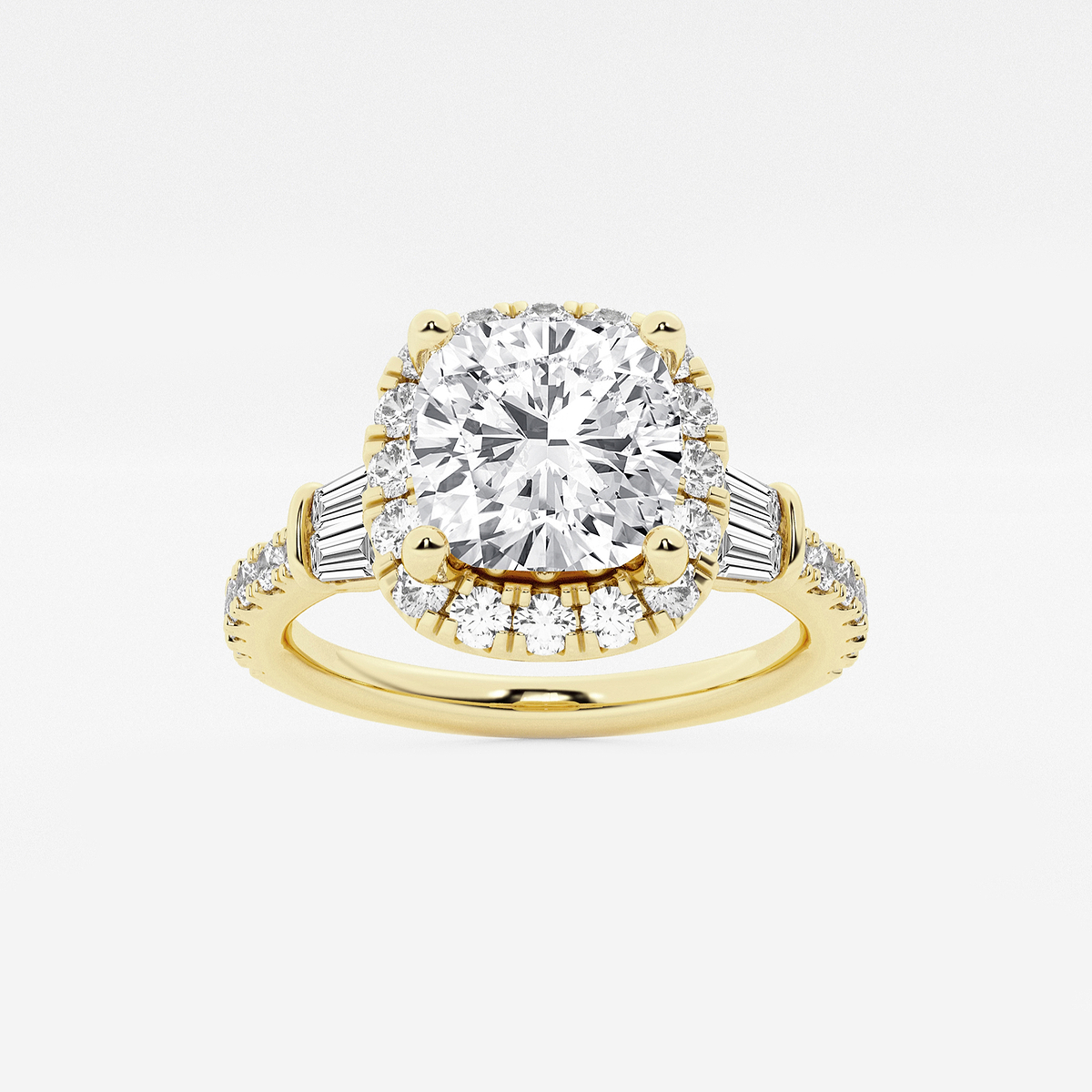 2 1/3 ctw Cushion Lab Grown Diamond Double Baguette Halo Engagement Ring