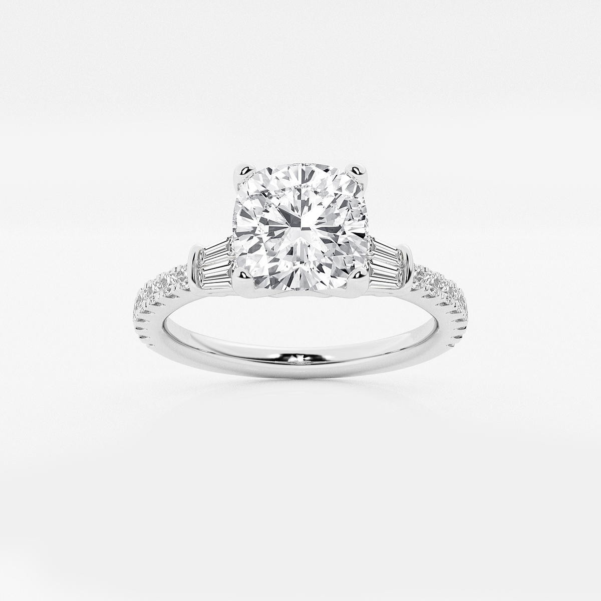 2 1/2 ctw Cushion Lab Grown Diamond Engagement Ring with Double Baguette Side Accents