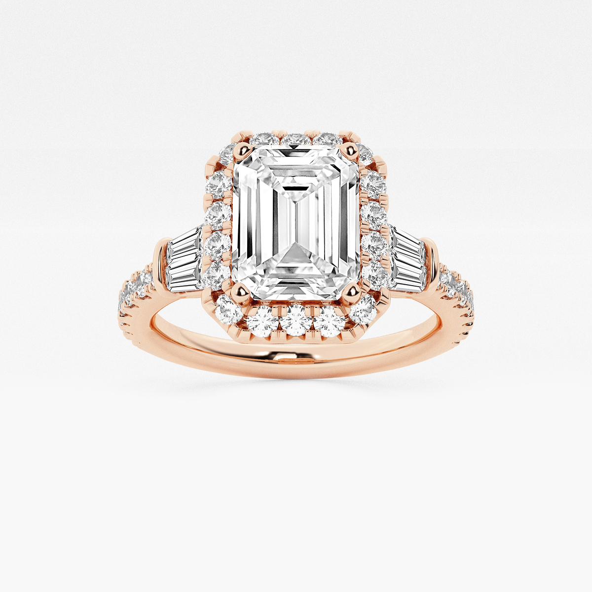 Everly 7/8 ctw Emerald Lab Grown Diamond Double Baguette Halo Engagement  Ring 14K Rose Gold, E, VS1